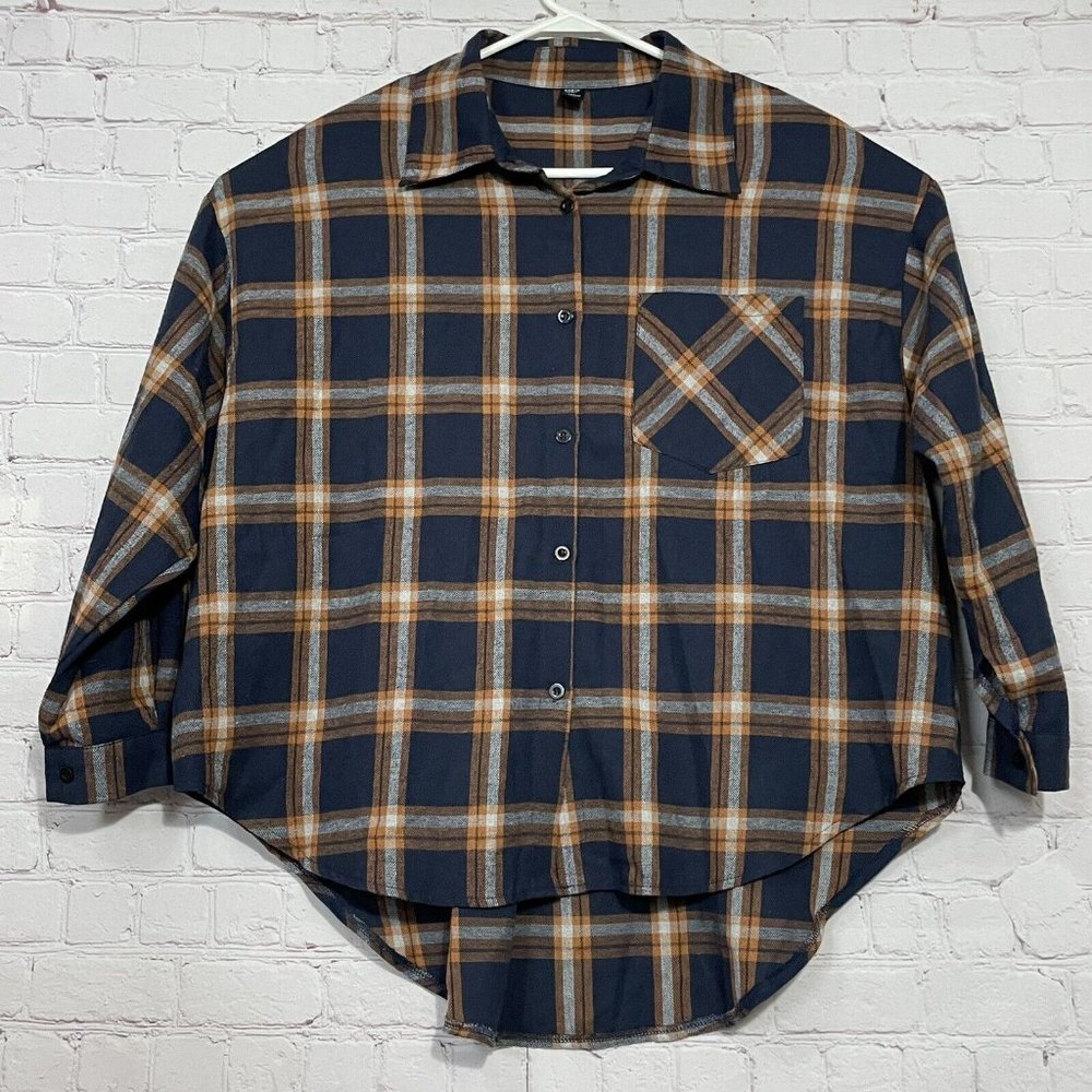 Shein Curve Cozy Long Sleeve Navy Orange Plaid Button Up Warm Shirt Top Plus 3X